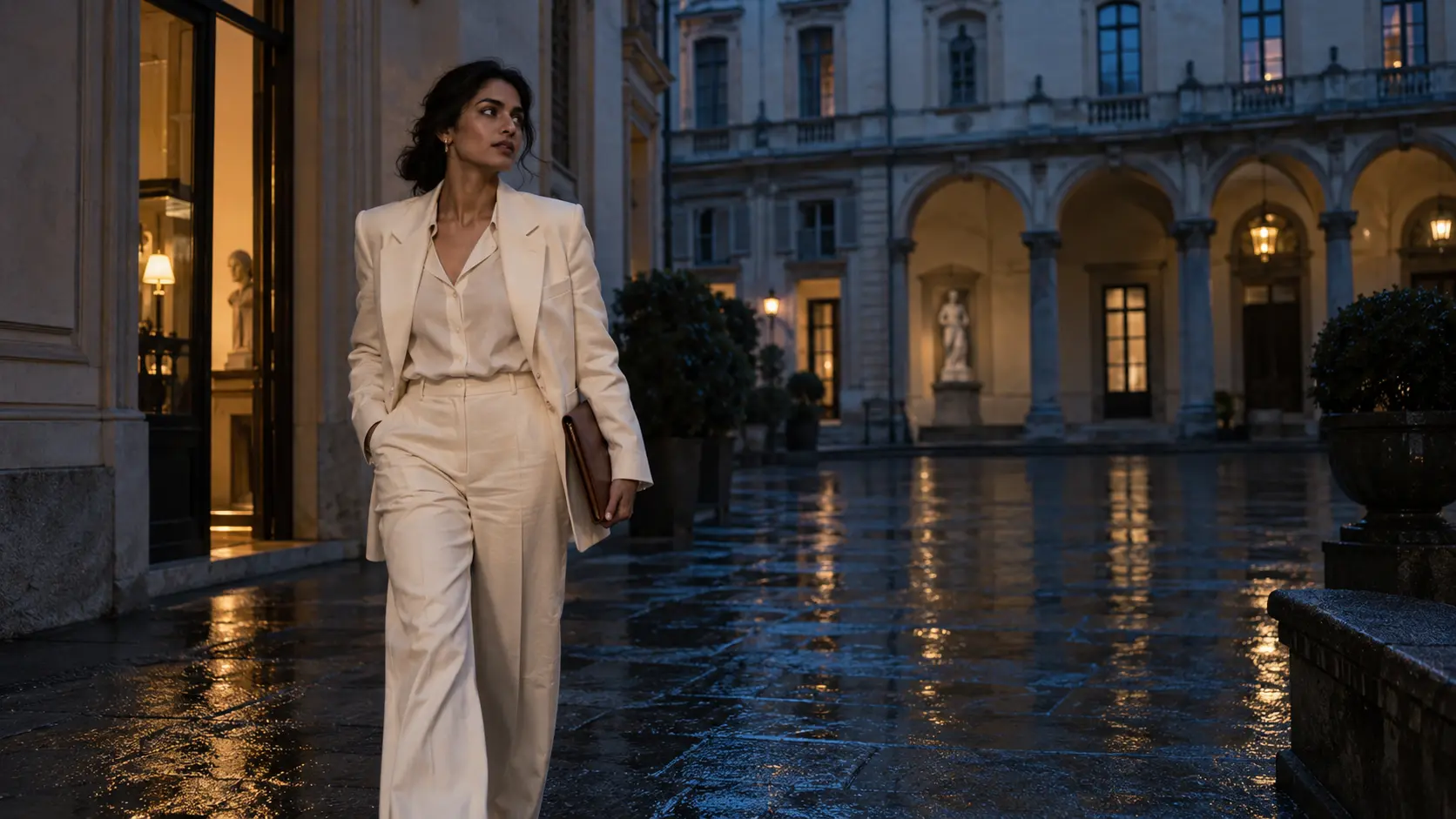 A woman in an ivory suit crossing a palazzo courtyard