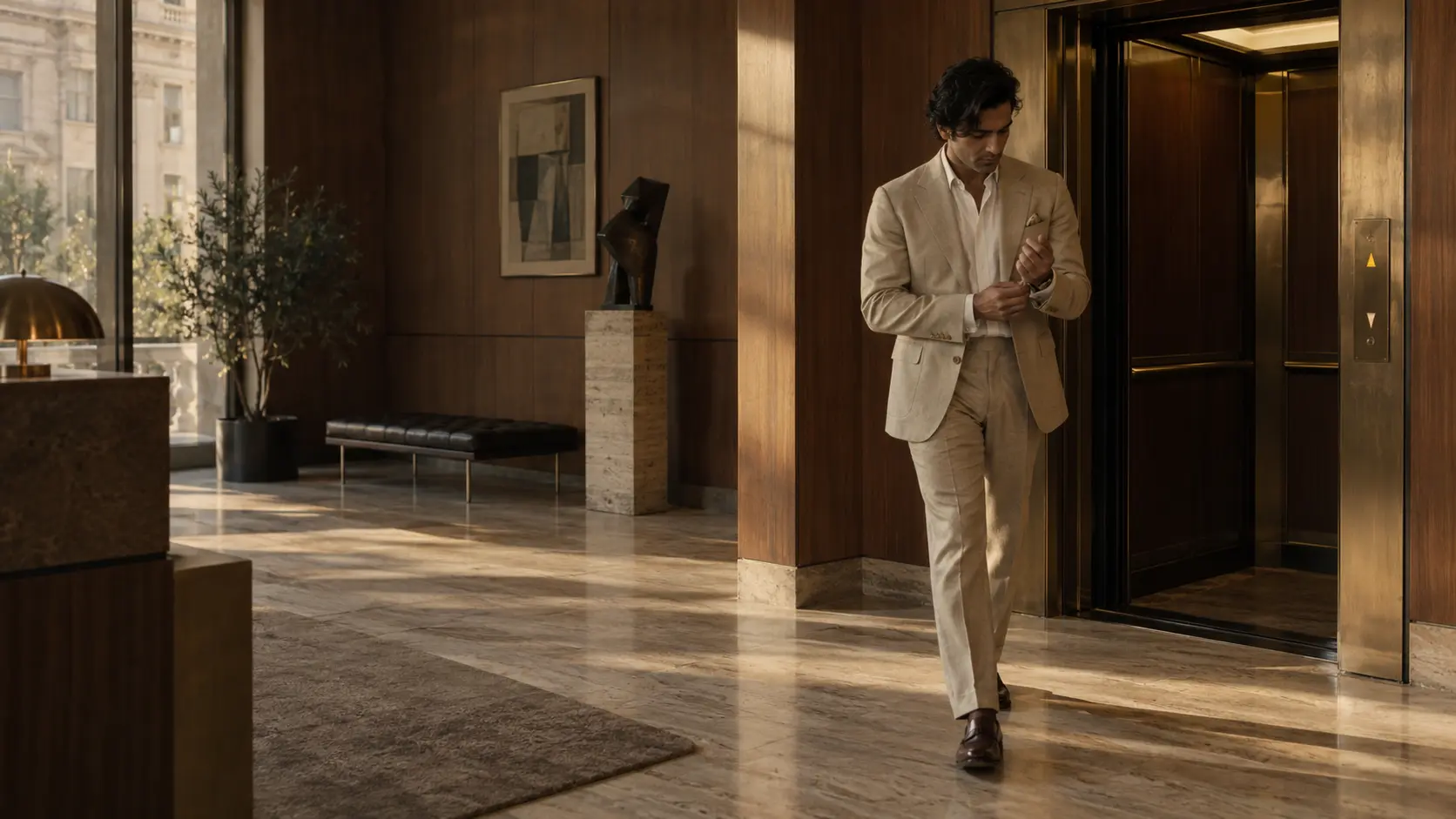 A man in sand tailoring crossing a Milanese lobby