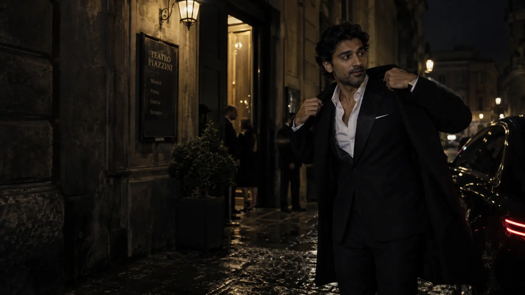 A man leaving a Milanese theatre after midnight