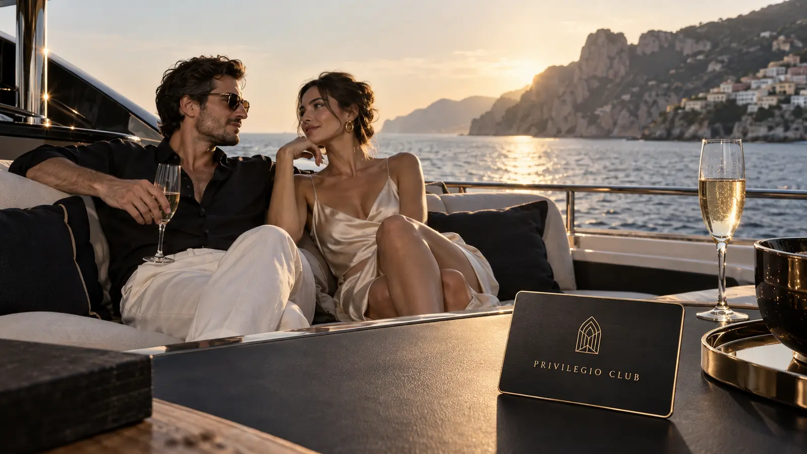 A couple relaxing aboard a yacht beside a black and gold Privilegio Club card