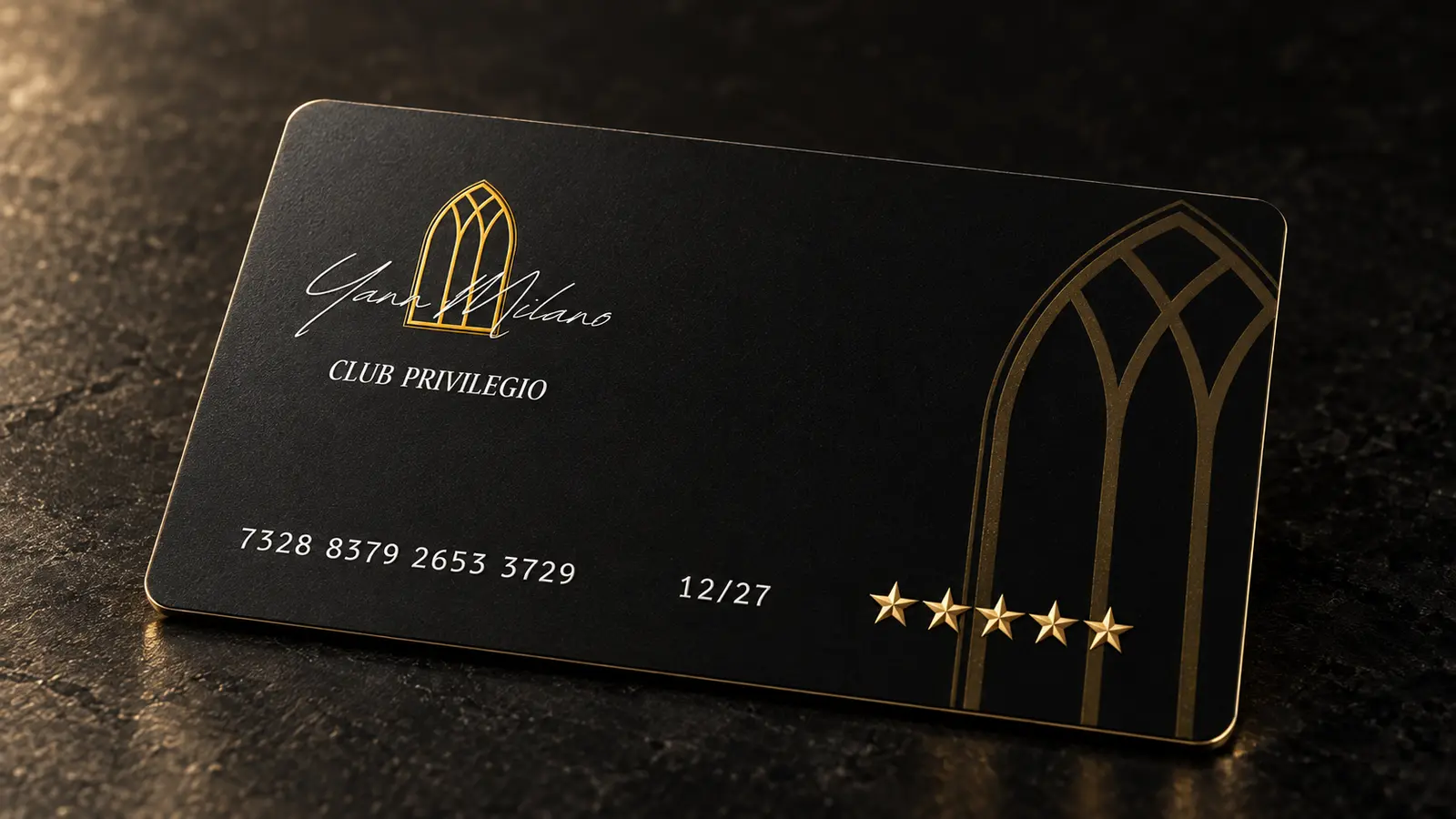 Yann Milano Club Privilegio membership card photographed on black stone