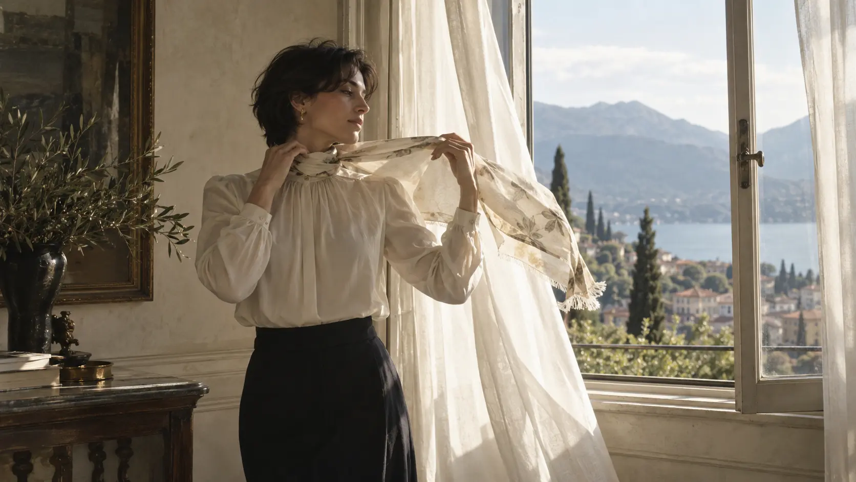 A woman in ivory beside an Italian lake